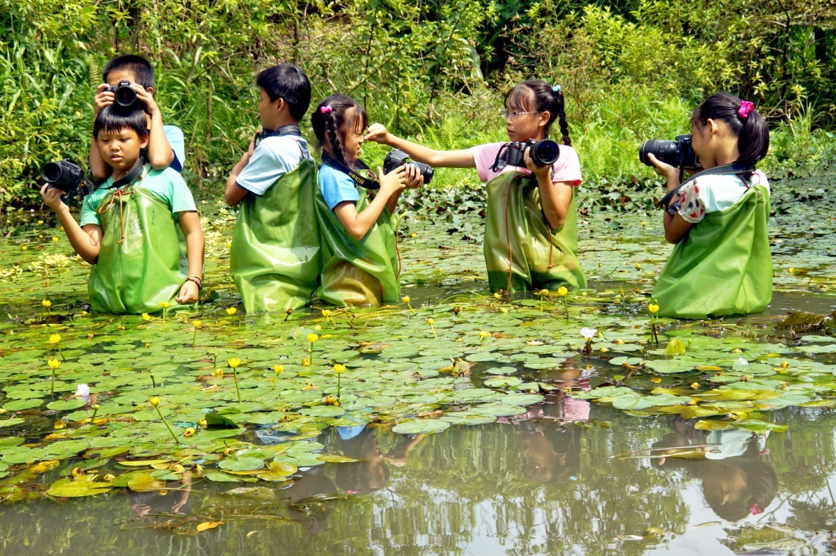 學生穿上青蛙裝在學校水草塘進行生態攝影